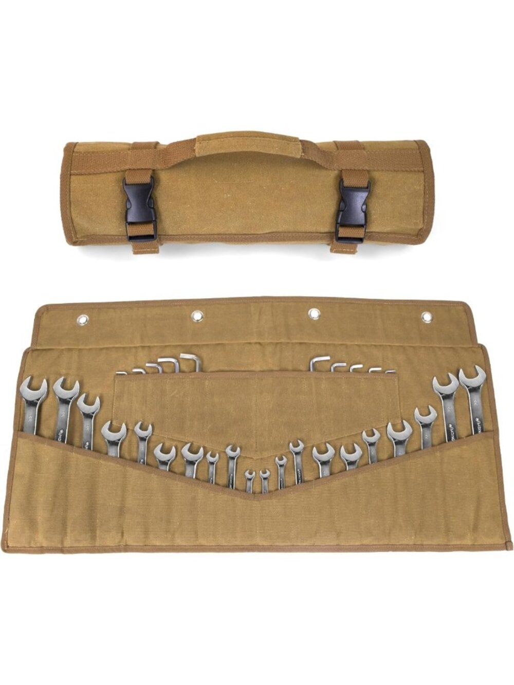 Heavy-Duty 32 Pocket Wrench Roll Up Bag, Waxed Canvas Tool Pouch with Buckles